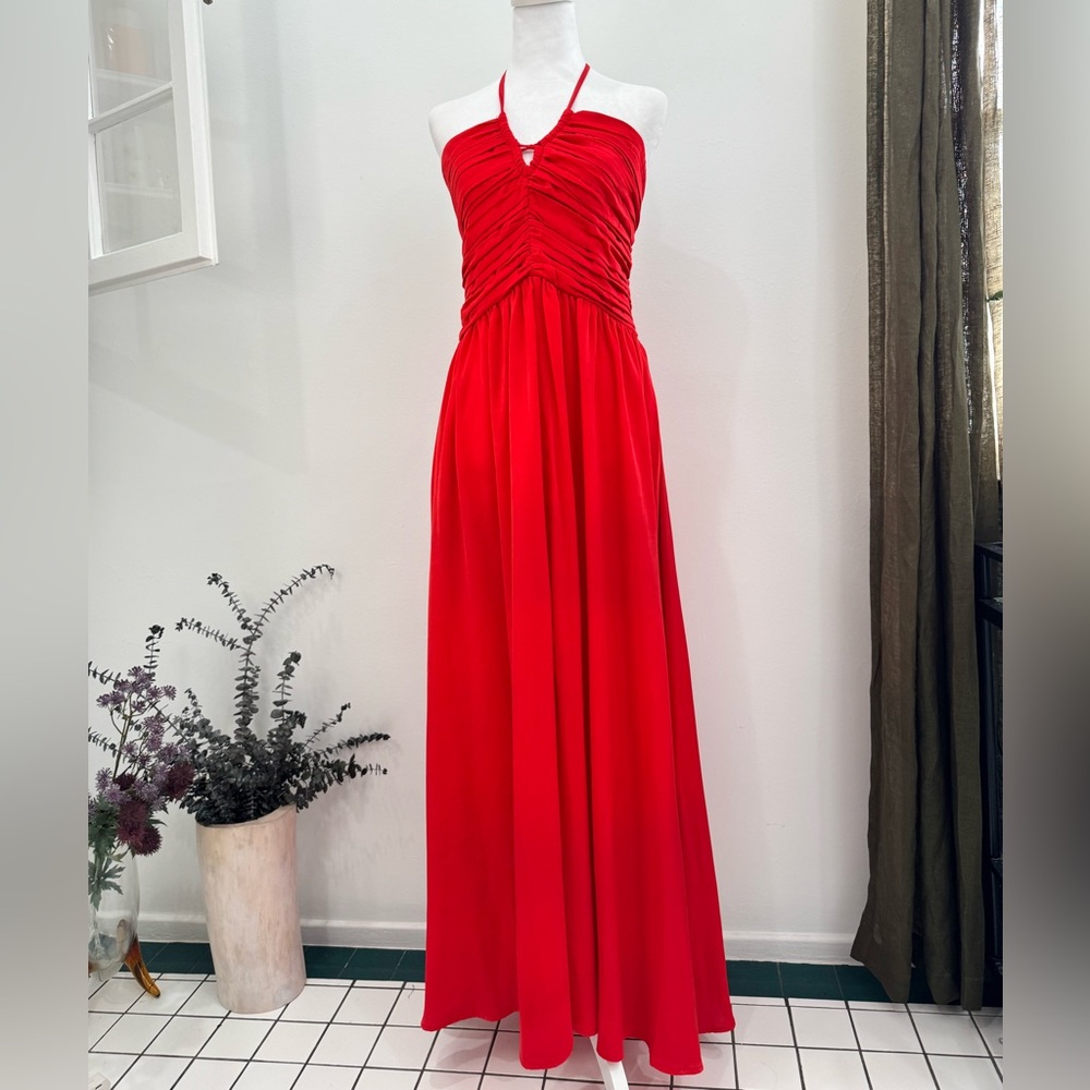 DKNY Ruched Halter Satin Maxi Dress NWT – Flame Red